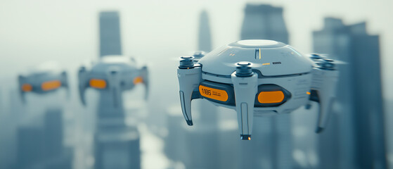 Poster - Futuristic drones fly over smart city skyline, showcasing advanced technology and automation. scene highlights innovation and urban development in modern metropolis