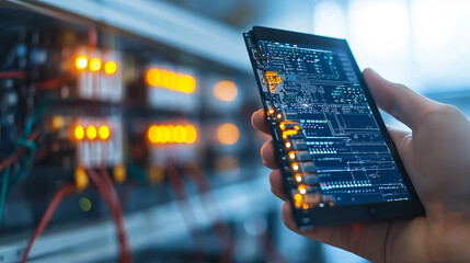 Poster - person holds digital tablet displaying circuit board interface, monitoring smart grid control center. scene is illuminated by glowing lights from control panel