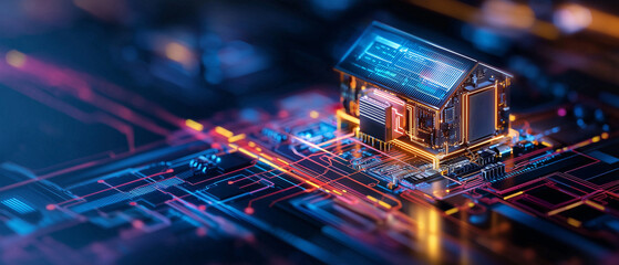 Aufkleber - smart home with AI technology managing daily tasks is depicted in this futuristic image, showcasing digital house integrated with advanced circuits and glowing connections