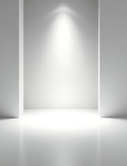 Poster - A modern minimalist stage with sleek white walls, no backdrop, and a single bright spotlight illuminating the empty center floor.
