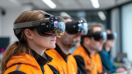 Aufkleber - team of urban planners uses virtual reality to design cityscapes, wearing VR headsets and orange vests in modern office setting