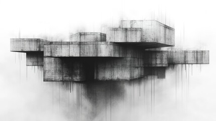 Aufkleber - Floating concrete blocks appear suspended in a misty, ethereal environment, creating a surreal atmosphere that invites contemplation and curiosity.