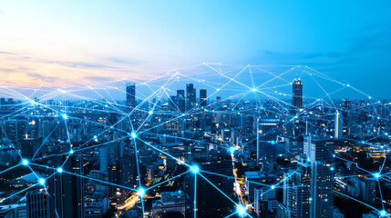 Fototapete - futuristic city skyline with advanced technology and glowing network connections illustrates modern urban landscape. vibrant scene captures innovation and connectivity