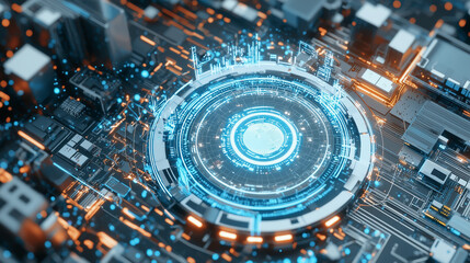 Poster - futuristic city skyline with advanced technology and glowing circuits creates vibrant, high tech atmosphere. digital elements and neon lights suggest innovation and progress