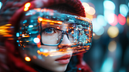 Poster - young person wearing futuristic augmented reality glasses displays holographic interface, surrounded by vibrant city lights. scene is dynamic and tech focused