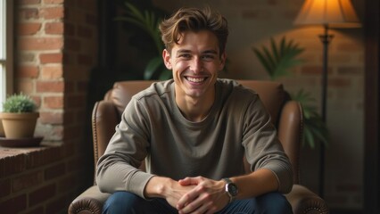 Happy young man smiling while sitting in leather armchair