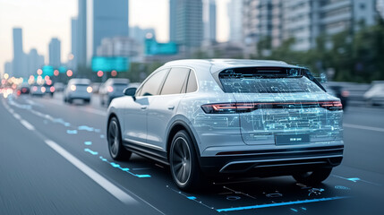 Poster - sleek, modern car drives on city road, surrounded by digital overlays indicating real time traffic and environmental data. urban setting is bustling with activity