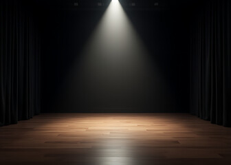 a modern theater stage with sleek black walls, polished wooden flooring, and a bright spotlight shin