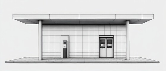 A minimalist bus stop design with sleek lines, featuring a ticket machine and two doors under a large overhang.