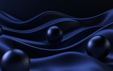 Poster - Dark blue abstract waves with spheres creating a flowing and dynamic visual effect in a serene and mysterious setting