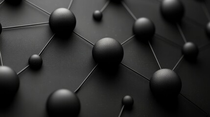 Fototapete - The composition illustrates a network of textured spheres connected by fine lines against a dark backdrop, emphasizing abstract design and structure.