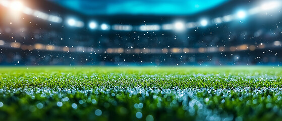 Poster - futuristic sports arena with augmented reality experiences, featuring vibrant green field under bright stadium lights, creating immersive atmosphere
