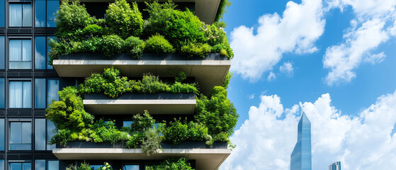 Poster - modern building with lush vertical gardens stands against bright blue sky, symbolizing sustainable urban living. In background, sleek skyscraper rises