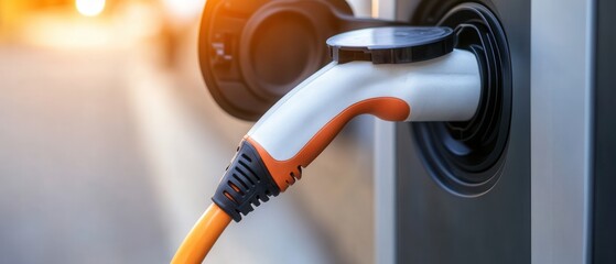 A close-up of an electric vehicle charging station with a plugged-in charging cable, symbolizing the transition to sustainable transport.