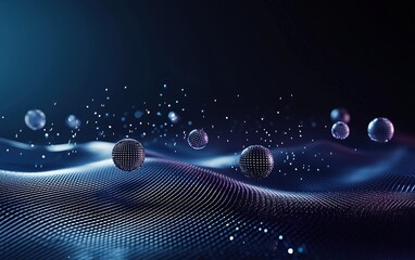 Poster - Innovative digital representation of particles moving through a wave-like structure in a dark background with glowing effects