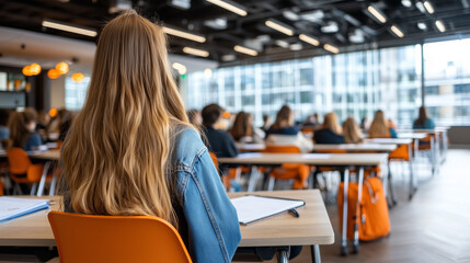 Poster - Students in modern classroom focus on learning, with bright orange chairs and large windows creating inspiring environment. atmosphere is engaging and conducive to education