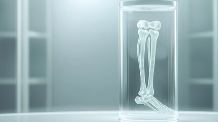 Poster - Scientific display of a human leg skeleton preserved in a glass jar in a modern lab setting with neutral lighting