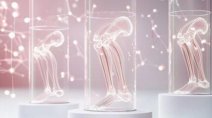 Poster - Innovative display of human knee joint anatomy in glass cases showcasing detailed structures at a science exhibition