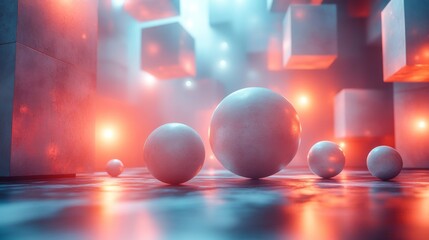Poster - This artwork features glowing spheres of varying sizes and colorful floating cubes in a mysterious digital environment, creating an otherworldly atmosphere.