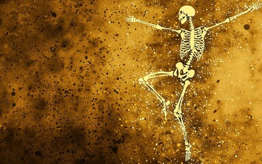 Poster - A glowing skeleton dances joyfully against a vibrant golden backdrop, radiating energy and creativity without any distractions