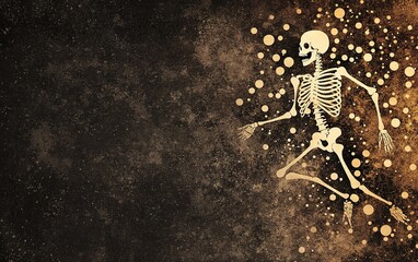 Poster - A whimsical, vintage skeleton dancing joyfully against a textured dark background with golden bubbles