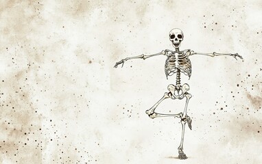 Poster - A humorous skeleton dances joyfully on a light textured background, showcasing its playful posture and skeletal structure in a whimsical illustration