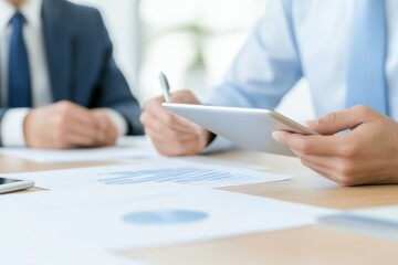 Young man presenting benchmarking report on tablet during business meeting in modern office setting