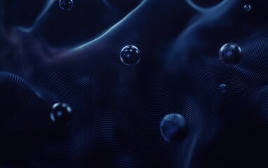 Poster - Bubbles floating above undulating waves in a dark space during an abstract display of fluid motion and light
