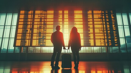 Poster - Couple is silhouetted against a bright departures board in an airport terminal, holding their luggage and waiting to board their flight