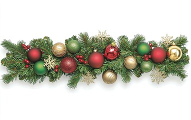 Wall Mural - Festively arranged holiday garland with red, green, and gold ornaments on a white background during the Christmas season