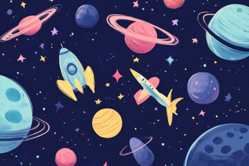 Poster - Whimsical doodles feature vibrant planets, rockets, and stars floating against a dark cosmic backdrop, sparking imagination and creativity. Generative AI