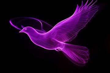 Neon purple silhouette of a flying bird with light trail wings isolated on black background