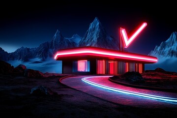 Poster - Cyberpunk version of Monte Fitz Roy, with neon lights illuminating the peaks and a futuristic city in the foreground, blending nature with advanced technology