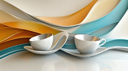 Aufkleber - Two elegant cups and saucers rest on a smooth surface, highlighted by vibrant, flowing waves in shades of blue, orange, and cream. Generative AI