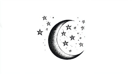 Poster - Detailed minimalist black line tattoo of a crescent moon and stars on a white background.