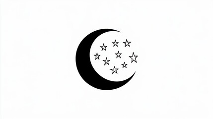 Poster - Detailed minimalist black line tattoo of a crescent moon and stars on a white background.