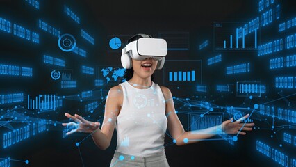 Woman with VR glasses looking analyzed world financial business data graph report changing upload global interface digital infographic network technology visual 3D hologram animation. Hallucination.