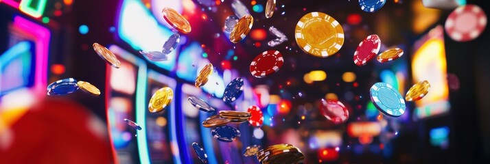 Poster - A whirlwind of coins and poker chips erupts from a slot machine celebrating a jackpot win in a lively casino setting during the evening. Generative AI