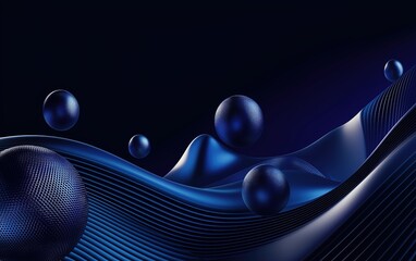 Poster - A dynamic abstract representation of blue waves and spheres in flowing motion against a dark background