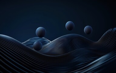 Poster - Abstract formation of spherical shapes over flowing blue waves in a dark backdrop during a digital art creation