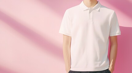 Wall Mural - Young man in a white polo shirt stands against a soft pink background on a bright day, casually posing with a relaxed demeanor