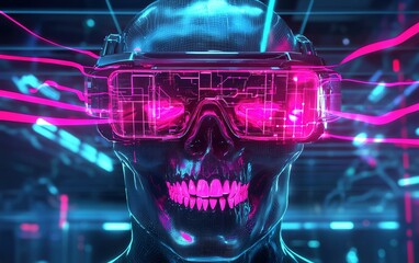 Poster - Futuristic skull wearing virtual reality goggles with neon lights in a high-tech environment at night