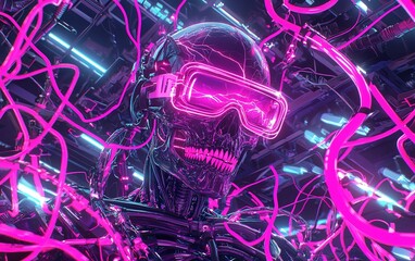 Poster - A futuristic robotic skull adorned with neon glasses surrounded by glowing cables in a high-tech environment
