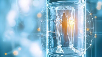 Poster - Digital representation of human legs within a transparent cylinder showcasing anatomical details in a futuristic setting