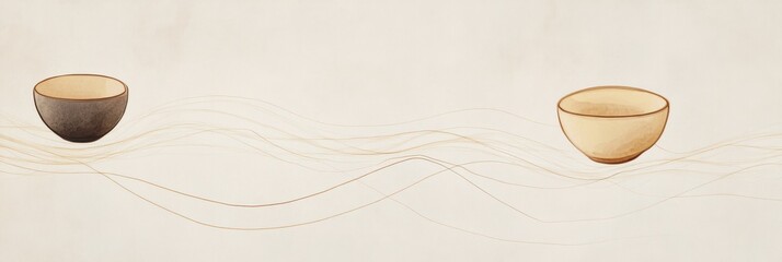 Poster - Delicate lines flow gently, symbolizing the essence of tea as cups and leaves connect in a tranquil arrangement. Generative AI