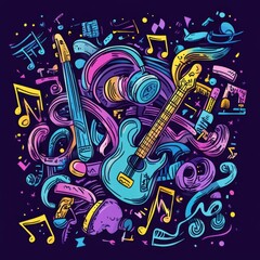Aufkleber - A dynamic collection of doodles showcases various musical instruments, sound waves, and notes in an engaging and colorful design. Generative AI