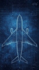 Poster - Wireframe model of a passenger airplane appearing from a technical blueprint background, suggesting innovation in the aeronautical industry