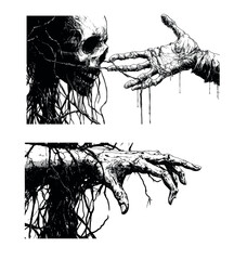 Hand stucking in roots with skull black ink sketch vector concepts. Human arm withered branches tangled stripes wrist bone head skeleton fingers open looking for help gesture, horror movies posters