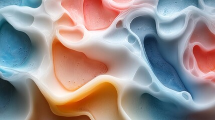 Bright and colorful abstract design featuring intricate swirls of pastel colors including blue, orange, pink, and white, creating a fluid and captivating texture that invites exploration.