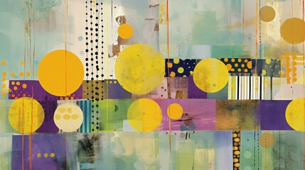 Poster - Abstract artwork featuring vibrant circles and geometric shapes in a colorful composition with a blend of yellow, purple, and green tones